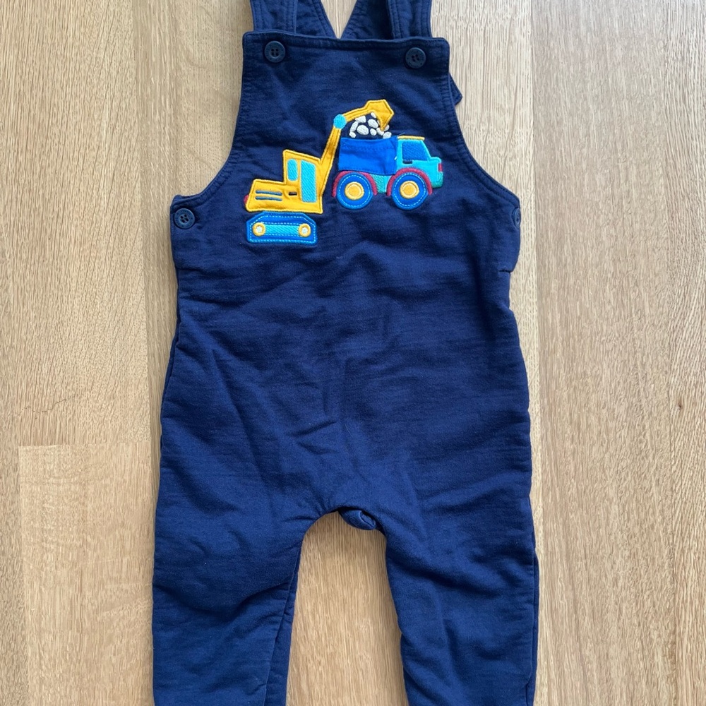 JoJo Maman Bebe Blue Overalls With Colorful Truck Embroidery Size 12-18 Months